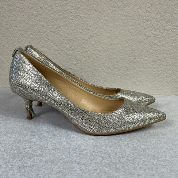 Michael Michael Kors Silver Glitter Flex Pointed Toe Kitten Heels Pumps Sz 6.5 - Picture 5 of 12
